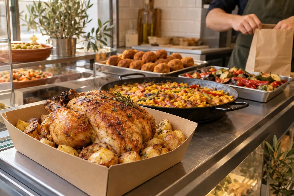 Pollo asado, arroz y platos preparados en un mostrador de comida para llevar; escena ilustrativa